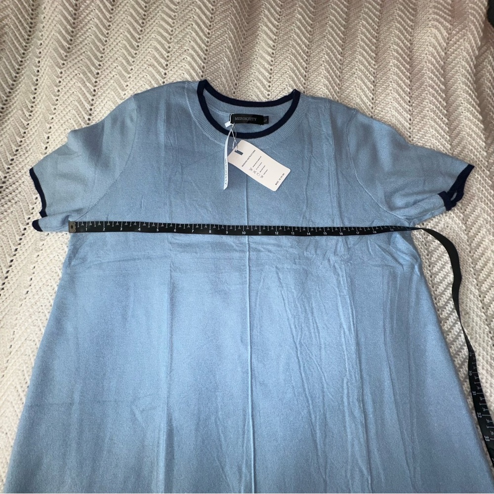 Merokeety Light Blue Sweater Dress with Navy Trim- Large nwt - Picture 7 of 9